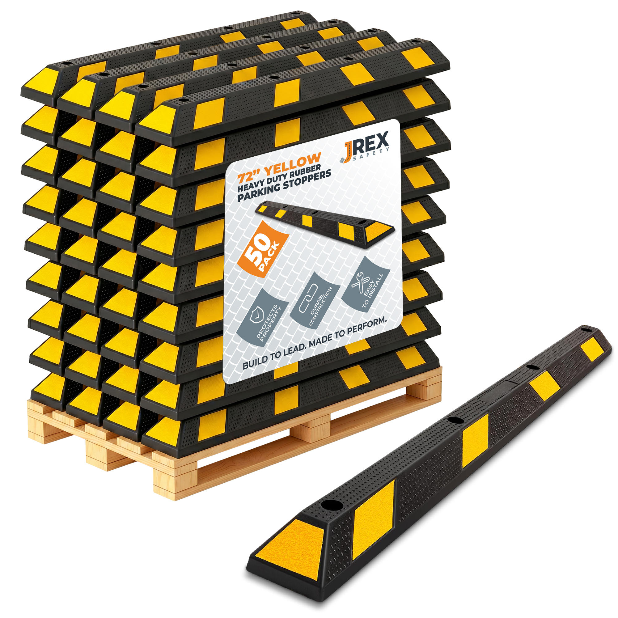 72" Rubber Parking Block Curb Stop - Yellow Reflective Strip - Full Pallet 50